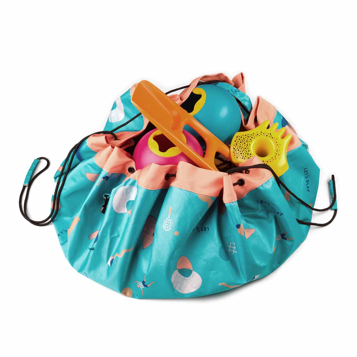 outdoor play storage bag, filled with beach toys