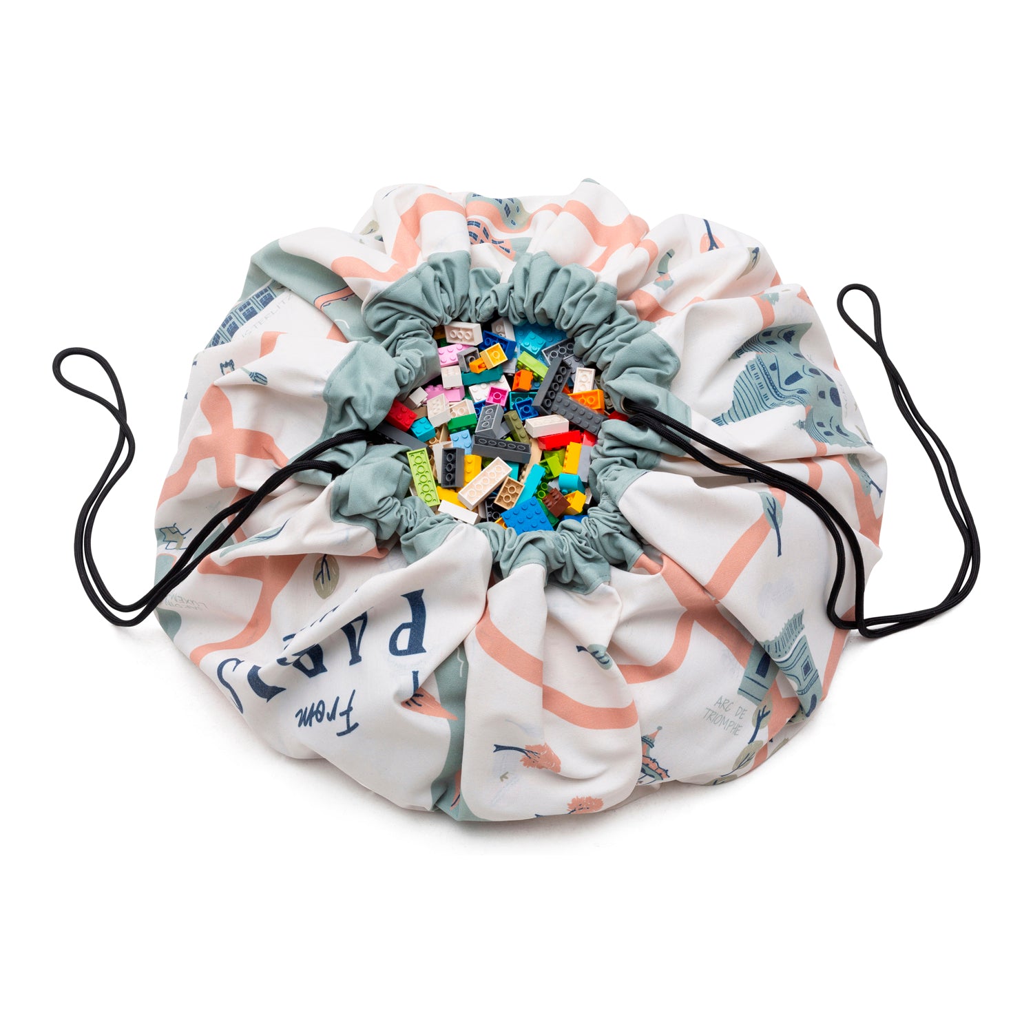 stylish designed Paris Map toy storage bag, filled with lego