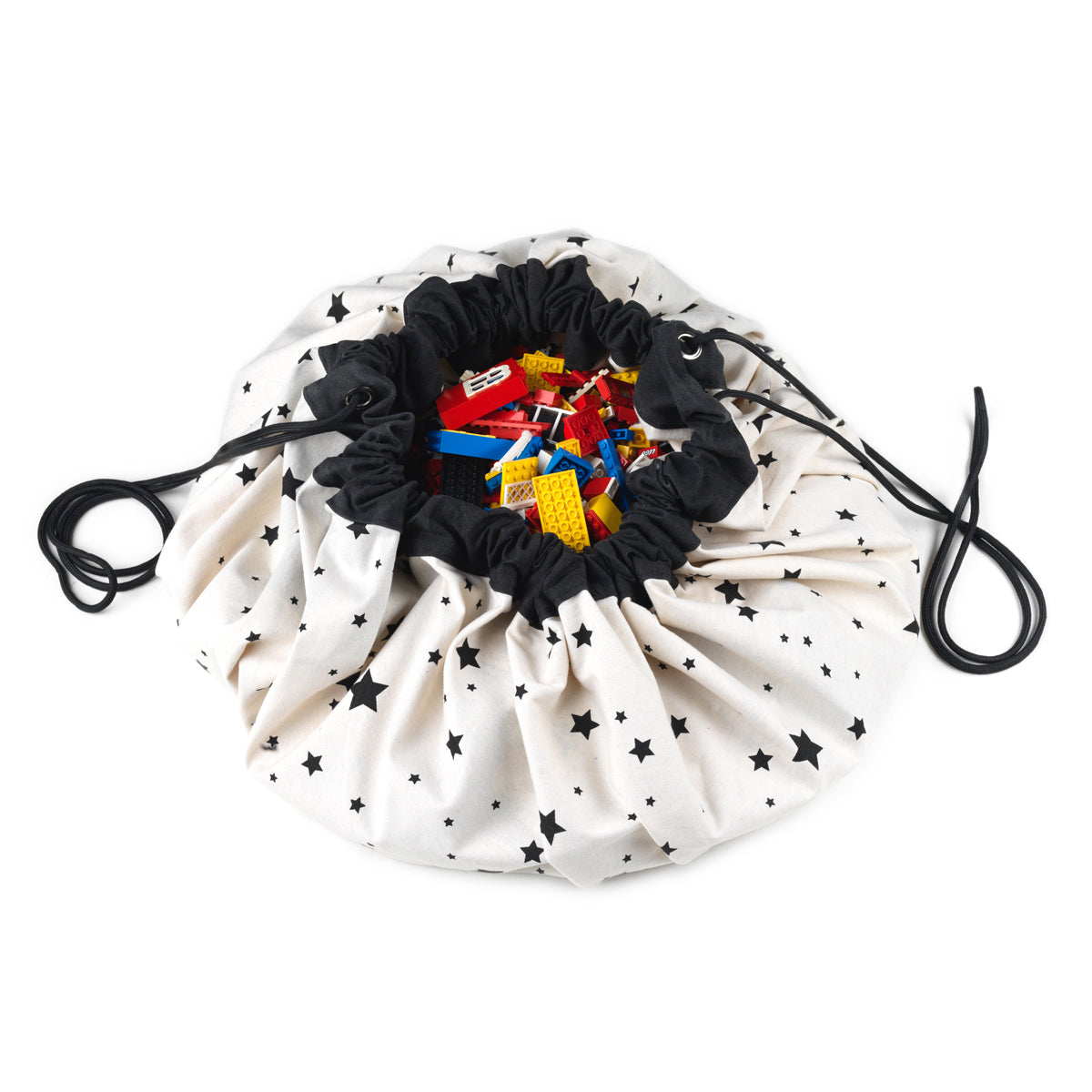 worldmap/stars toy storage bag, bag filled with lego