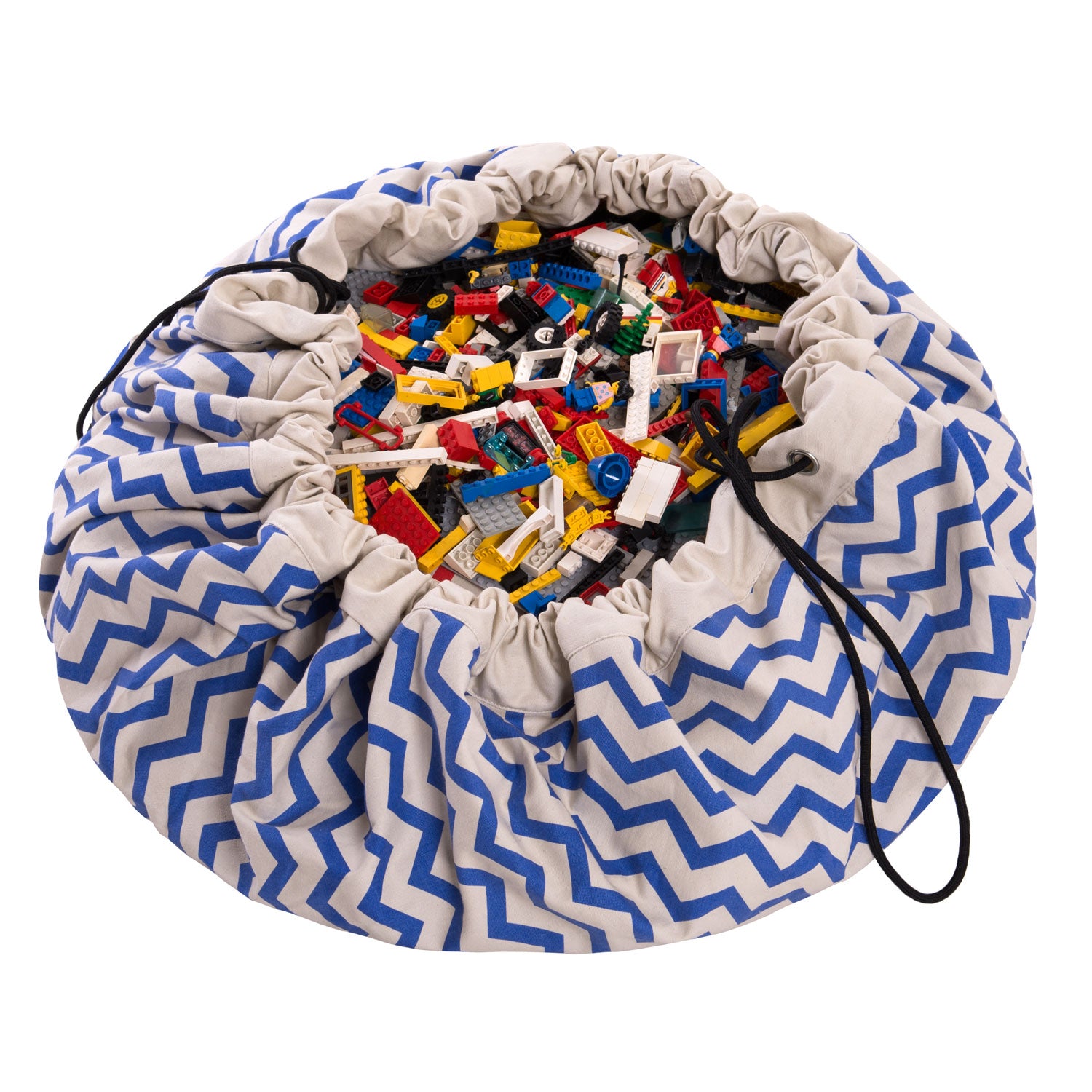zig zag blue toy storage bag, filled with lego