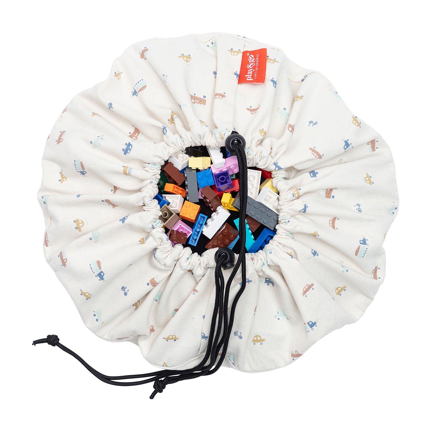 Mini cars toy storage bag, closed and filled with toys