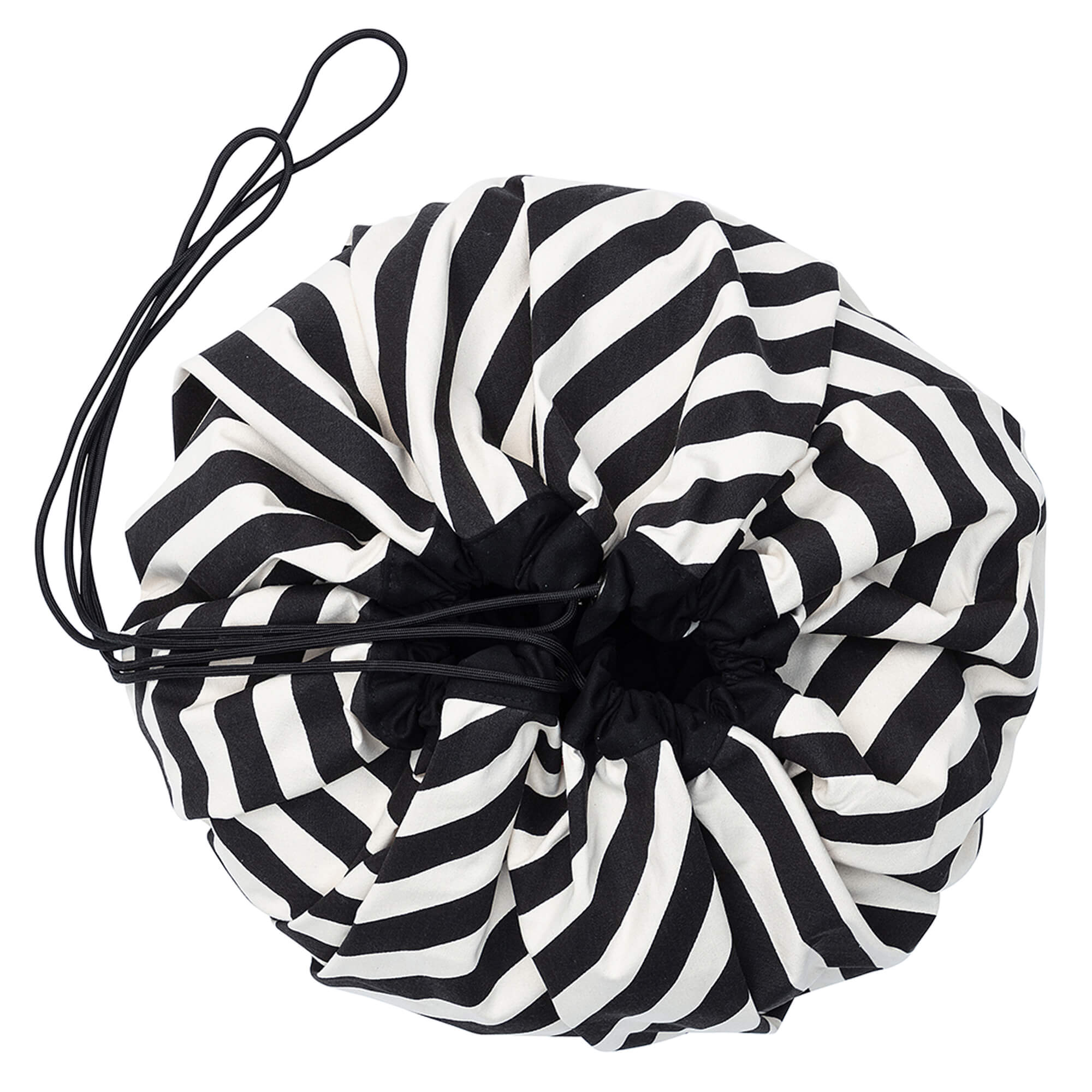 product picture toy storage bag and play mat, black and white stripes, closed