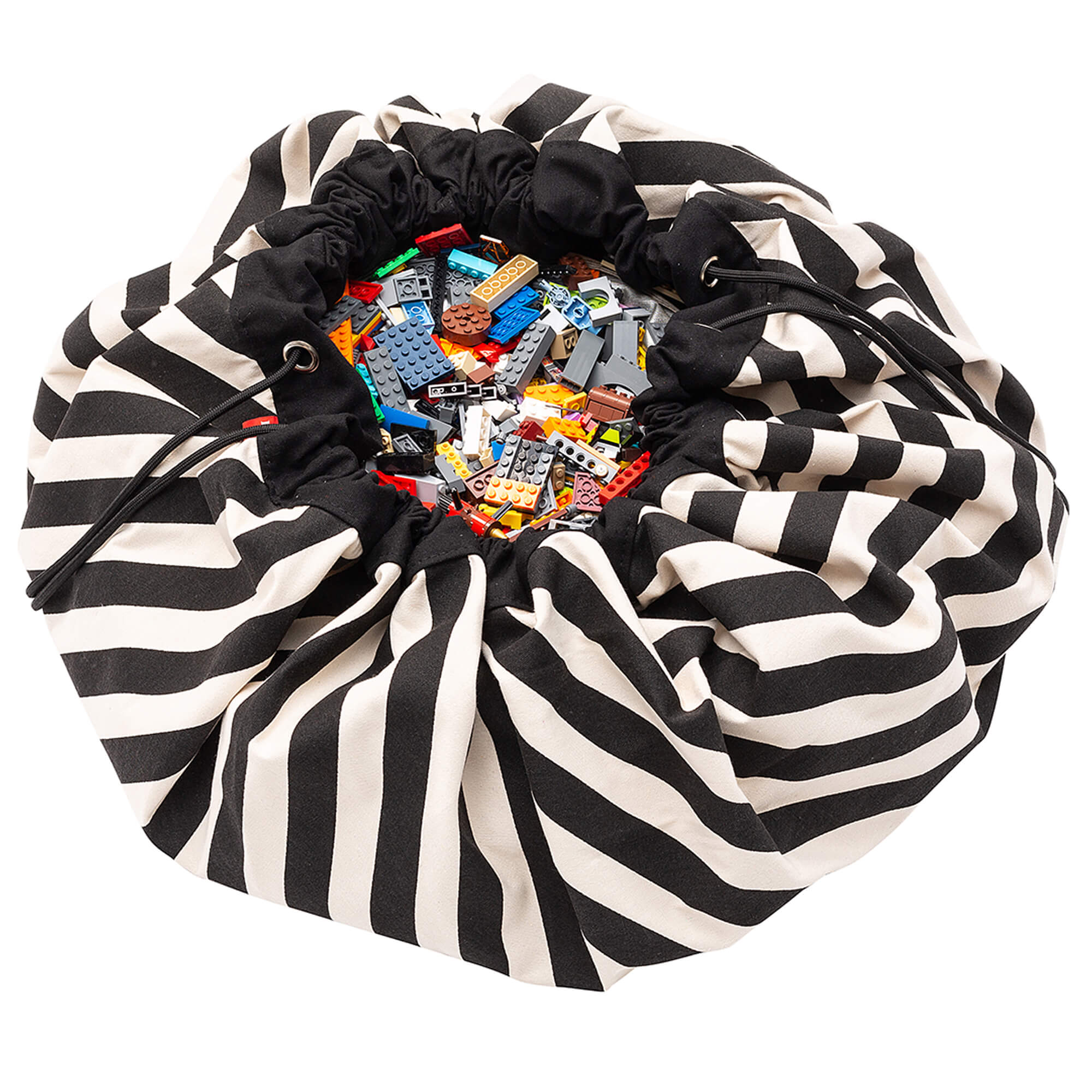 toy storage bag and play mat, bag filled with lego, black and white stripes